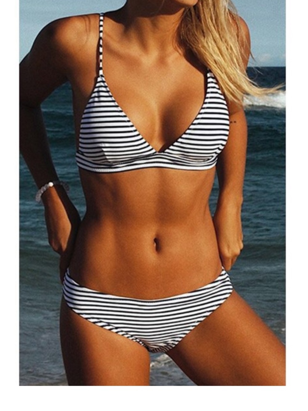 Cupshe NWT M (S) Blue & White Striped Triangle strappy Bikini set